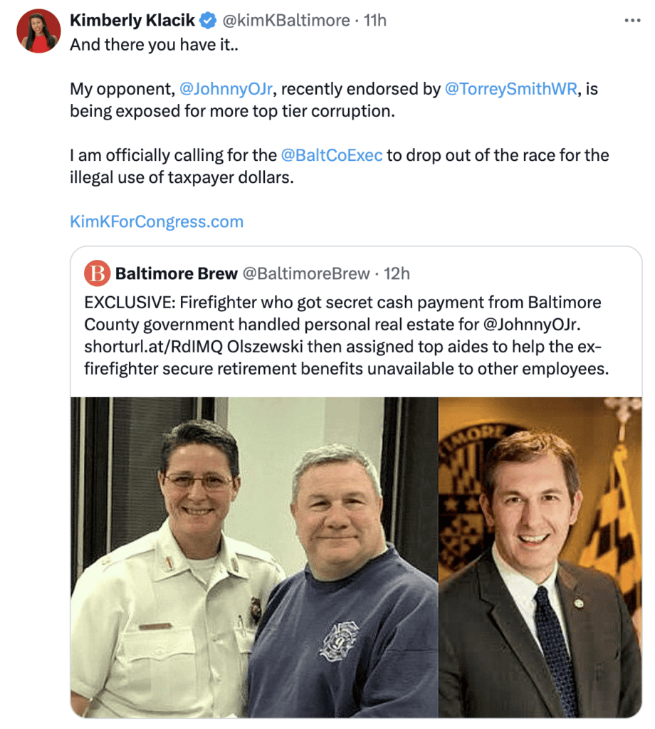 This is a screenshot from X (formally known as Twitter) showing Maryland Republican congressional candidate Kimberly Klacik calling on Johnny Olszewski to drop out of the congressional race.